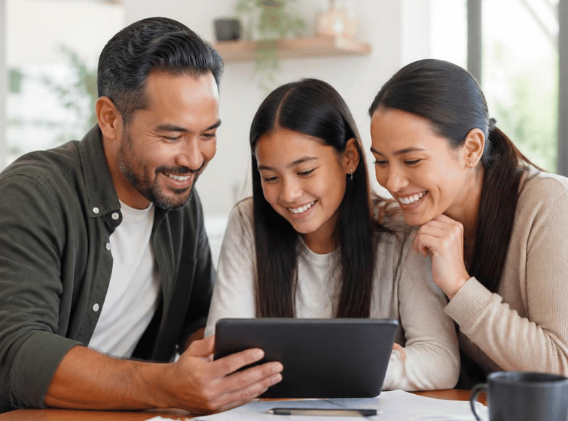 Happy parents speaking with their child about schoolwork