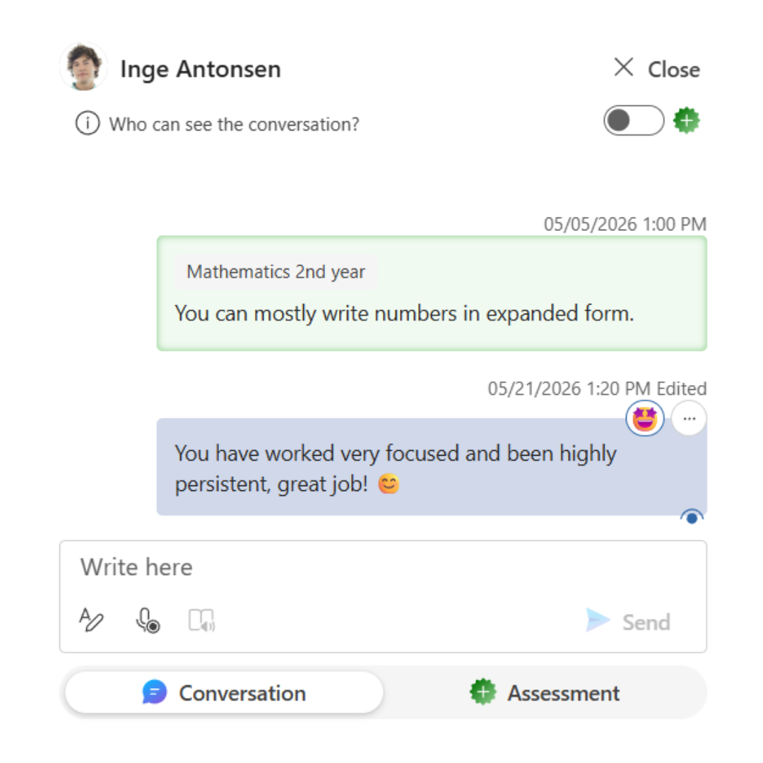 Student conversation showing teacher feedback and a learning comment.
