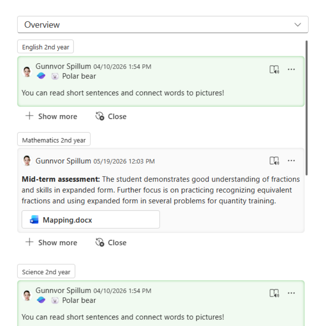Status overview showing assessments grouped by subject and date.